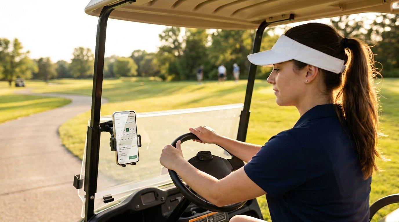 Attendant driving the cart with the order queue mounted on the dash